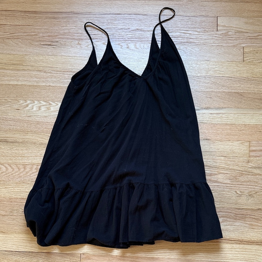 9 seed Black Sleeveless gauze Dress cover up with Ruffle Hem short mini o/s